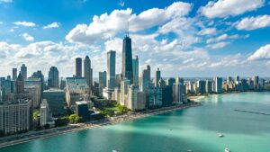 Chicago skyline aerial drone view from above, lake Michigan and city of Chicago downtown skyscrapers cityscape, Illinois, USA